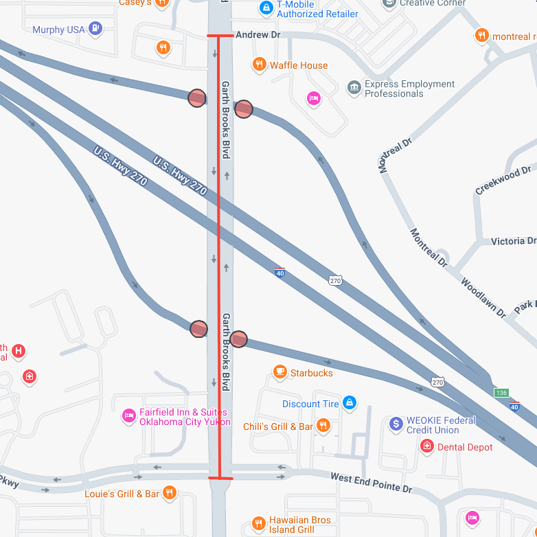 Map of Garth Brooks Boulevard, with red line drawn from Andrew Drive to West End Point Drive.