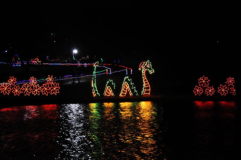 A Light Display of a Sea Serpent Wearing a Santa Hat