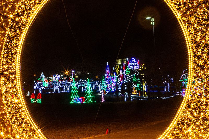 Christmas Lights Seen Through a Golden Light Display
